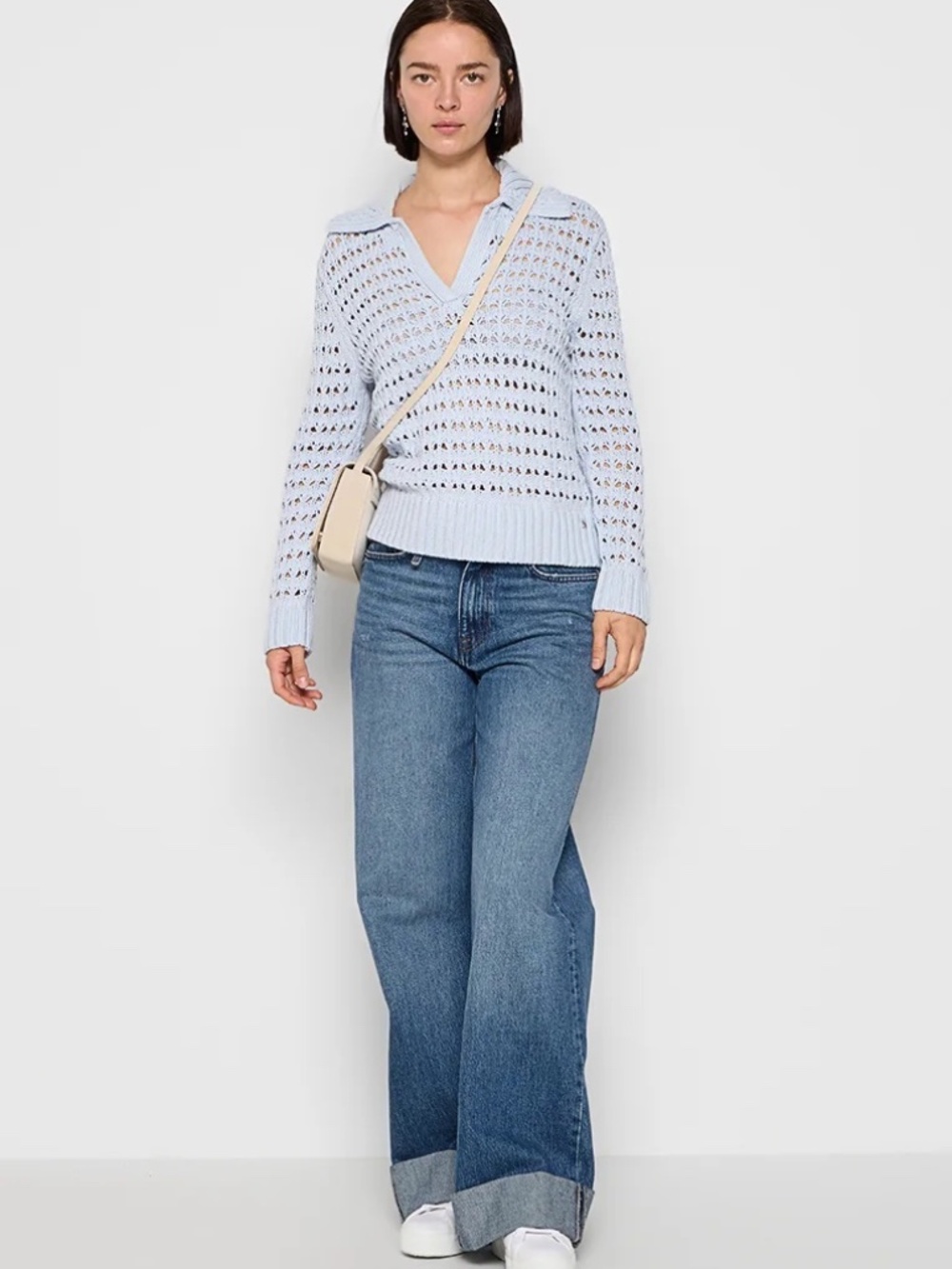 DKNY Jeans Light Blue Open Knit Sweater V Neck Long Sleeve Size S